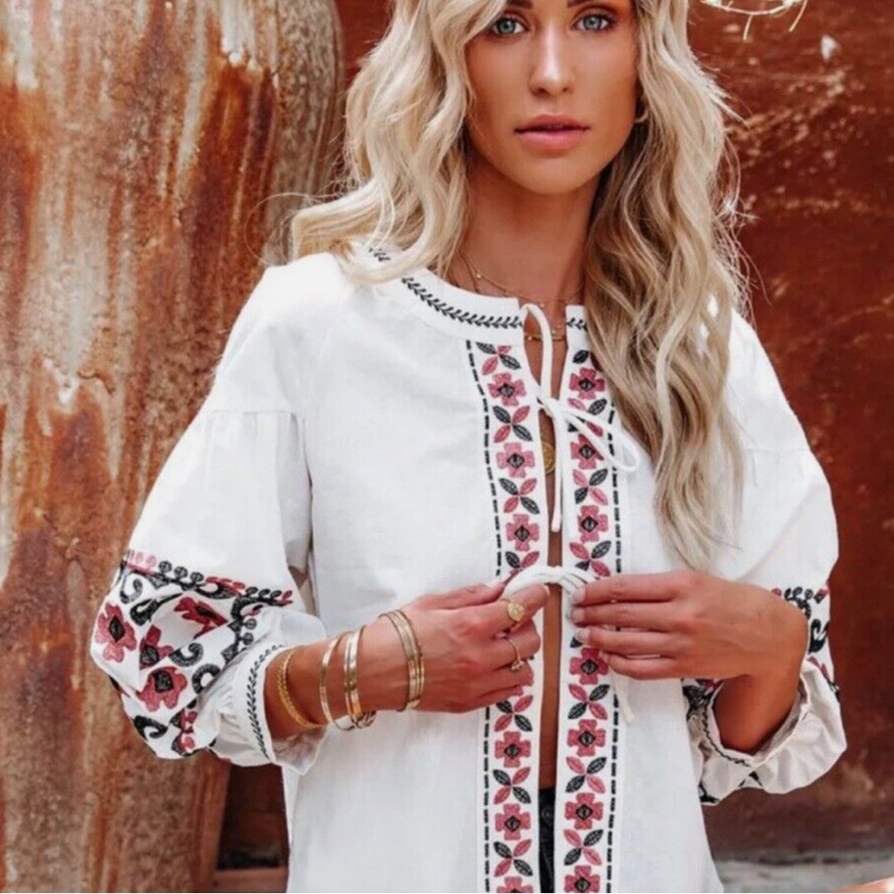 Vici Cotton Embroidered Tie Front Top